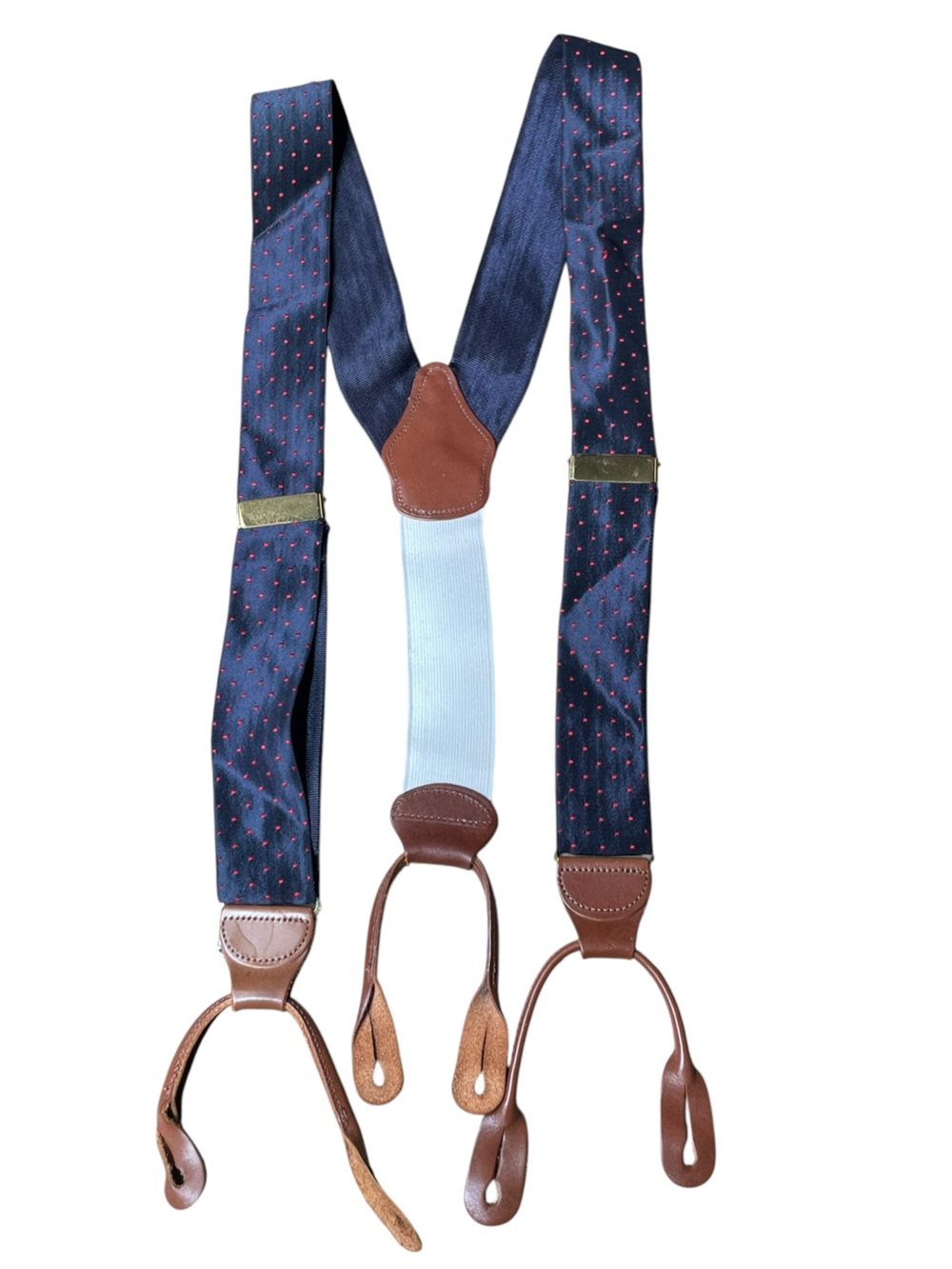 Dooney & Bourke Blue Polka Dots Silk Leather Suspenders Braces Adjustable